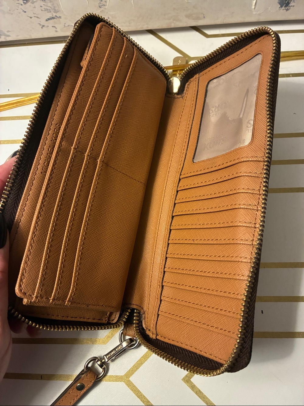 NWOT Michael Kors Dark Brown Logo Zip-Around Wristlet Wallet with Gold Hardware - Picture 4 of 14